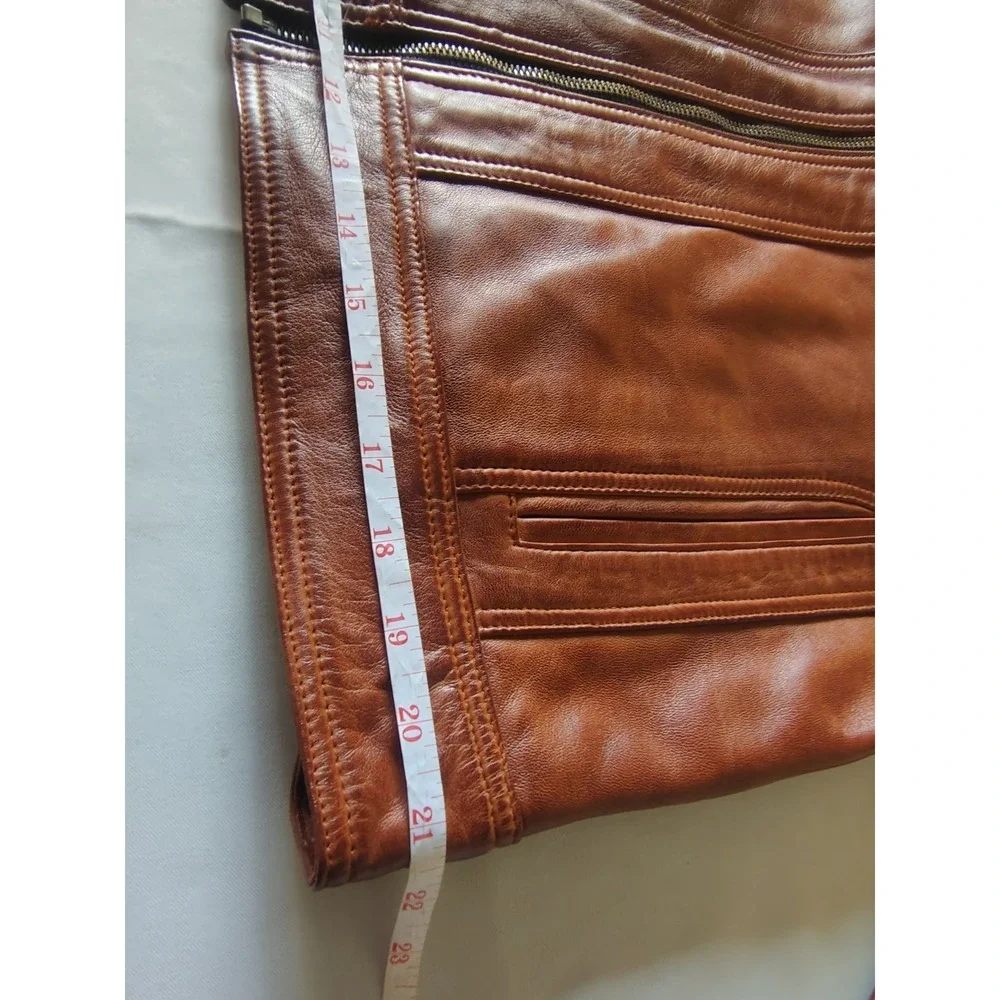 Men's Cognac Brown Real Leather Moto Biker Bomber Jacket Ribbed Collar Size L